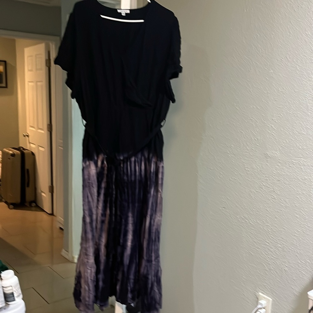 Purple/ Black White Birch Tie dye Faux wrap Midi dress with tie